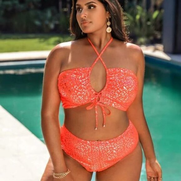 Leopard Drawstring Halter Bikini Swimsuit - Picture 1 of 8